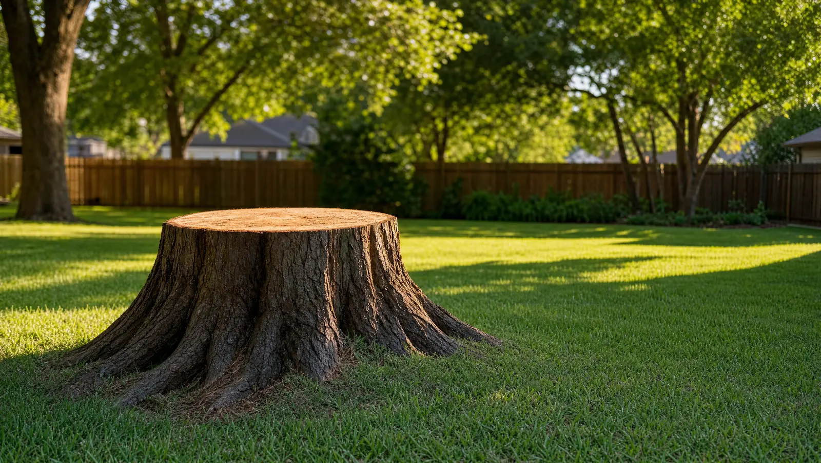 A large oak tree stump in a green Weatherford, Texas backyard lawn, waiting to be ground out