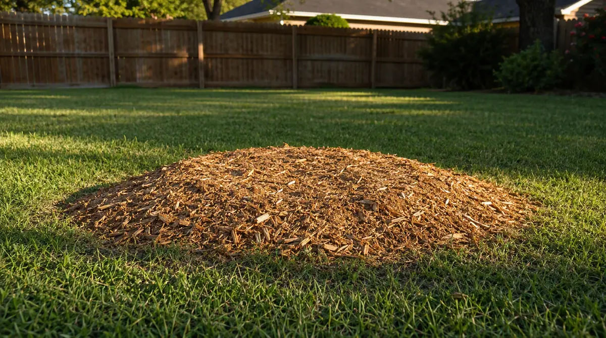 A tidy Parker County backyard after stump grinding, with a low mound of fresh wood-chip mulch where the stump used to be